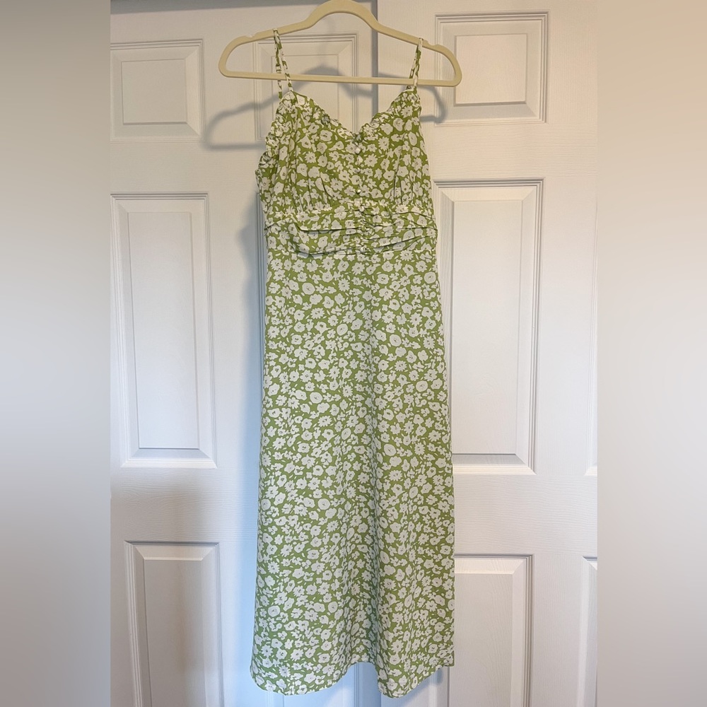 Lulus Midi Dress Floral Print Lime Green Sleeveless V Neck Side Slit Medium